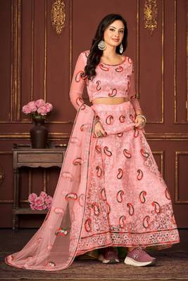 Peach Colour Net Fabric Beautiful Ebroidered Partywear Lehenga Choli Set For Girls 4