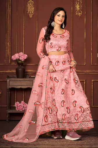 Peach Colour Net Fabric Beautiful Ebroidered Partywear Lehenga Choli Set For Girls