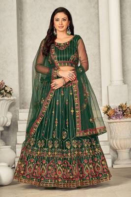 Green Colour Net Fabric Beautiful Ebroidered Partywear Lehenga Choli Set For Girls 1