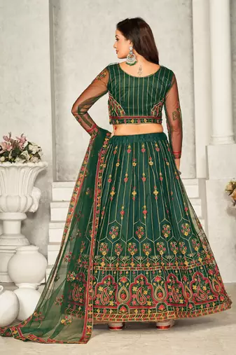 Green Colour Net Fabric Beautiful Ebroidered Partywear Lehenga Choli Set For Girls