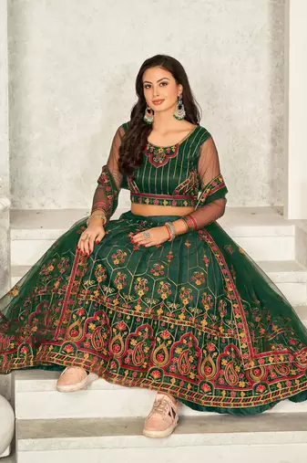 Green Colour Net Fabric Beautiful Ebroidered Partywear Lehenga Choli Set For Girls