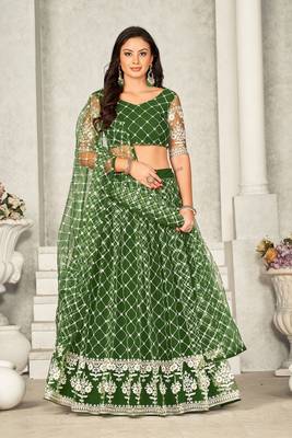 Mahendi Colour Net Fabric Beautiful Ebroidered Partywear Lehenga Choli Set For Girls 1
