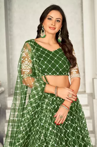 Mahendi Colour Net Fabric Beautiful Ebroidered Partywear Lehenga Choli Set For Girls