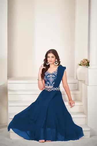 Blue Colour Partywear Banglori Silk Lehenga Choli Set For Graceful And Trendy Girlish Looks