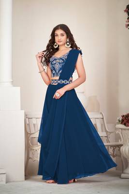 Blue Colour Partywear Banglori Silk Lehenga Choli Set For Graceful And Trendy Girlish Looks 4