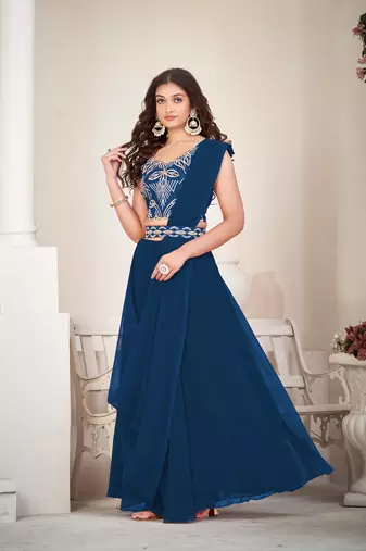 Blue Colour Partywear Banglori Silk Lehenga Choli Set For Graceful And Trendy Girlish Looks