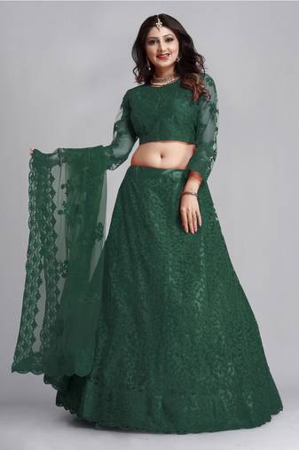 Green Colour Net Fabric Partywear Bridesmaid Lehenga Choli For Girls