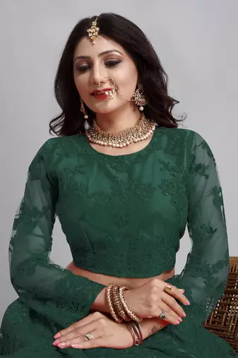 Green Colour Net Fabric Partywear Bridesmaid Lehenga Choli For Girls