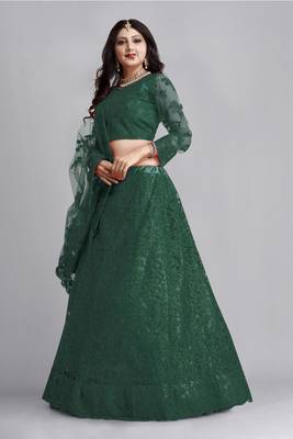 Green Colour Net Fabric Partywear Bridesmaid Lehenga Choli For Girls 3