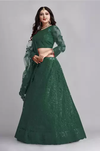 Green Colour Net Fabric Partywear Bridesmaid Lehenga Choli For Girls