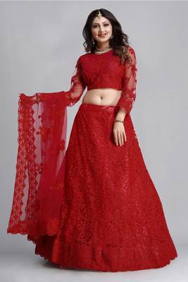 Red Colour Net Fabric Partywear Bridesmaid Lehenga Choli For Girls 1