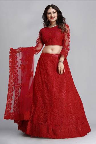 Red Colour Net Fabric Partywear Bridesmaid Lehenga Choli For Girls