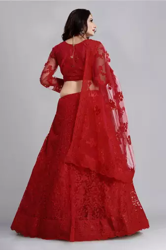 Red Colour Net Fabric Partywear Bridesmaid Lehenga Choli For Girls