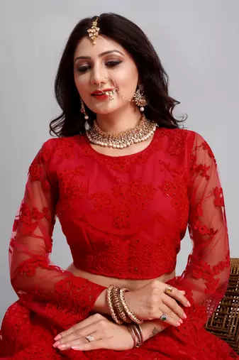 Red Colour Net Fabric Partywear Bridesmaid Lehenga Choli For Girls