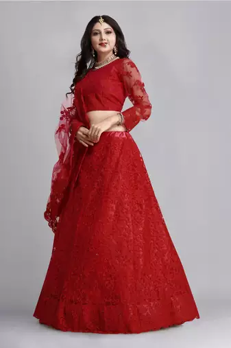 Red Colour Net Fabric Partywear Bridesmaid Lehenga Choli For Girls