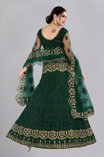 Green Colour Net Fabric Partywear Bridesmaid Lehenga Choli For Girls