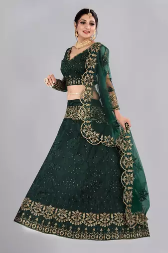 Green Colour Net Fabric Partywear Bridesmaid Lehenga Choli For Girls