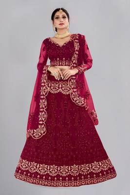 Maroon Colour Net Fabric Partywear Bridesmaid Lehenga Choli For Girls 1