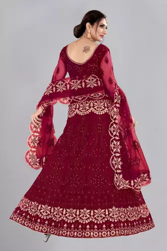 Maroon Colour Net Fabric Partywear Bridesmaid Lehenga Choli For Girls