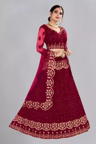 Maroon Colour Net Fabric Partywear Bridesmaid Lehenga Choli For Girls