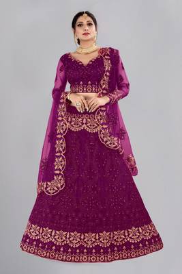 Purple Colour Net Fabric Partywear Bridesmaid Lehenga Choli For Girls 1