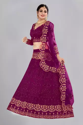 Purple Colour Net Fabric Partywear Bridesmaid Lehenga Choli For Girls