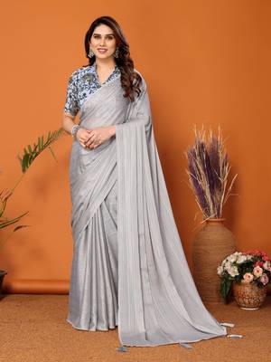  Style Solid Grey Partywear Saree With Smart Digital Printed Blouse 1