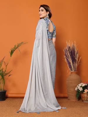  Style Solid Grey Partywear Saree With Smart Digital Printed Blouse 2