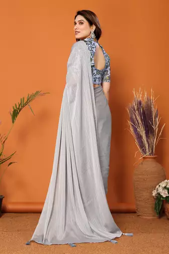 Style Solid Grey Partywear Saree With Smart Digital Printed Blouse