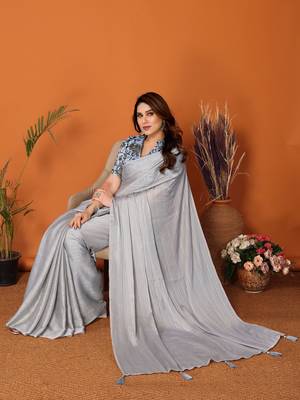  Style Solid Grey Partywear Saree With Smart Digital Printed Blouse 3