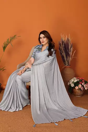  Style Solid Grey Partywear Saree With Smart Digital Printed Blouse