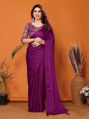  Style Solid Magenta Partywear Saree With Smart Digital Printed Blouse 1