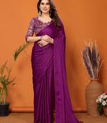 Bollywood Style Solid Magenta Partywear Saree With Smart Digital Printed Blouse
