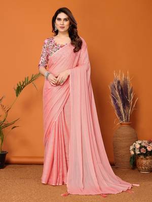  Style Solid Peach Partywear Saree With Smart Digital Printed Blouse 1