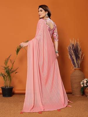  Style Solid Peach Partywear Saree With Smart Digital Printed Blouse 2
