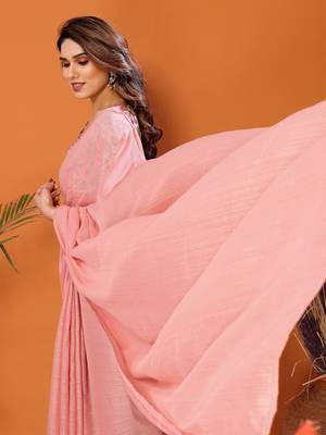  Style Solid Peach Partywear Saree With Smart Digital Printed Blouse 3