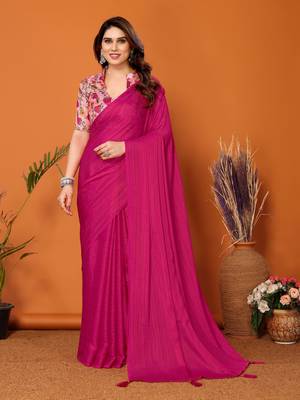  Style Solid Pink Partywear Saree With Smart Digital Printed Blouse 1