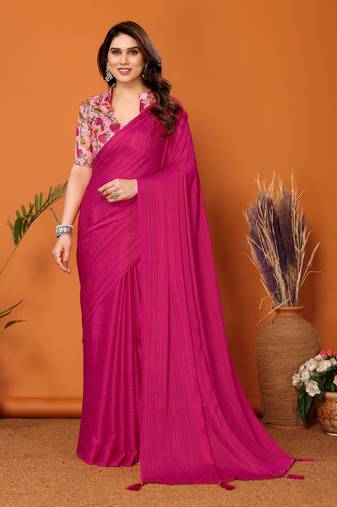 Bollywood Style Solid Pink Partywear Saree With Smart Digital Printed Blouse