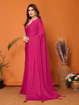  Style Solid Pink Partywear Saree With Smart Digital Printed Blouse 2
