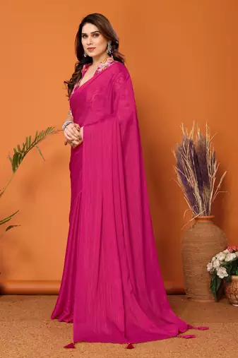  Style Solid Pink Partywear Saree With Smart Digital Printed Blouse