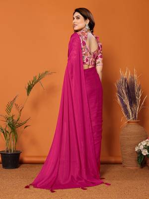  Style Solid Pink Partywear Saree With Smart Digital Printed Blouse 3