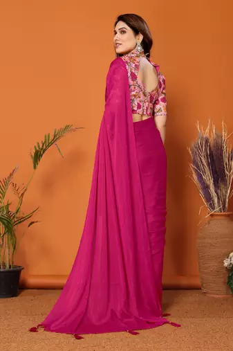  Style Solid Pink Partywear Saree With Smart Digital Printed Blouse