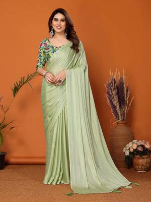  Style Solid Pista Partywear Saree With Smart Digital Printed Blouse 1
