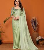 Bollywood Style Solid Pista Partywear Saree With Smart Digital Printed Blouse