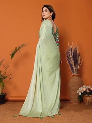  Style Solid Pista Partywear Saree With Smart Digital Printed Blouse 2