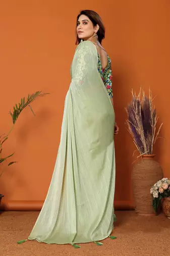  Style Solid Pista Partywear Saree With Smart Digital Printed Blouse