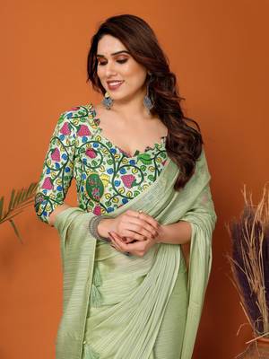  Style Solid Pista Partywear Saree With Smart Digital Printed Blouse 3