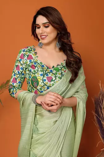  Style Solid Pista Partywear Saree With Smart Digital Printed Blouse