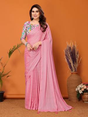  Style Solid Rose Partywear Saree With Smart Digital Printed Blouse 1