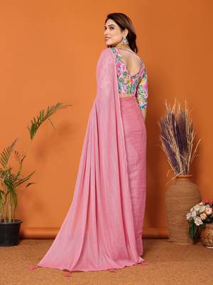  Style Solid Rose Partywear Saree With Smart Digital Printed Blouse 2
